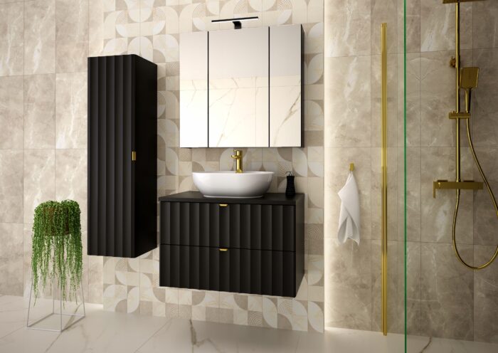 ARCOS 80 cm czarna szafka łazienkowa ryflowane fronty złote uchwyty
