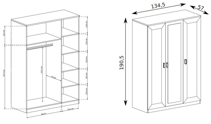 Szafa BRISTOL 135 cm dąb lefkas lustro pojemna półki drążek styl klasyczny
