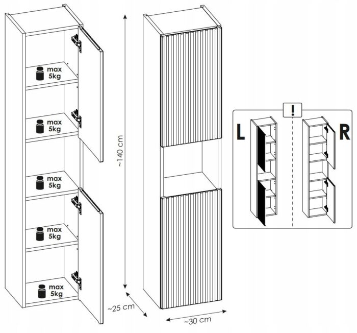 NOVA 140 cm Biały Słupek Łazienkowy Ryflowany Front Wiszący 2 Drzwi