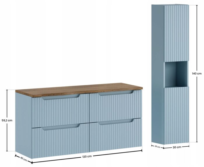 NOVA DENIM 120 cm zestaw łazienkowy z blatem i słupkiem wiszący ryflowany