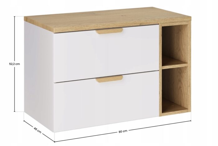 ASTER WHITE 80 cm zestaw łazienkowy Biały Mat z blatem i regałem Dąb Cremona