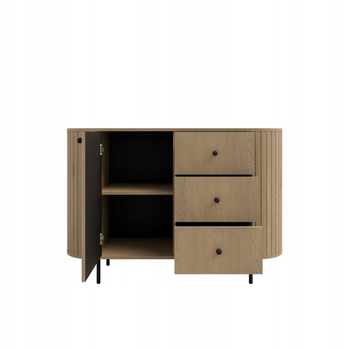 OVALIO 120 cm Dąb Cremona komoda 1 drzwi 3 szuflady frezowana na metalowych nogach