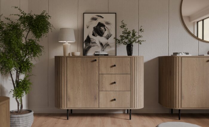 OVALIO 120 cm Dąb Cremona komoda 1 drzwi 3 szuflady frezowana na metalowych nogach