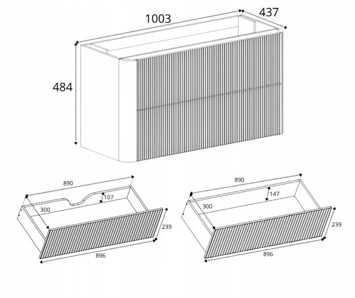 LINEA 100 cm dąb craft złoty szafka łazienkowa wisząca ryflowana Push to Open