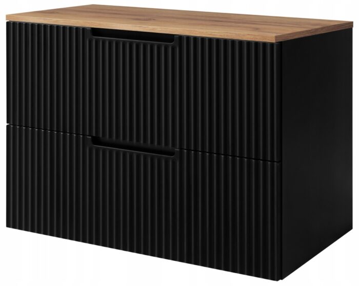 VENA 80 cm czarna szafka łazienkowa z blatem dąb craft wisząca ryflowana