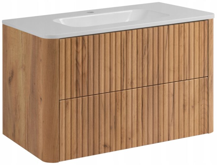 LINEA 80 cm dąb craft złoty szafka łazienkowa z umywalką z konglomeratu wisząca ryflowana