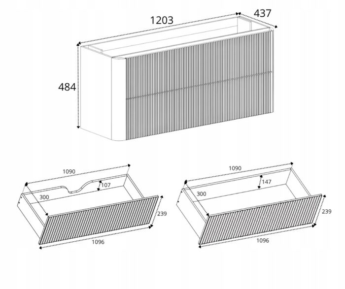 LINEA 120 cm biała szafka łazienkowa wisząca ryflowana Push to Open