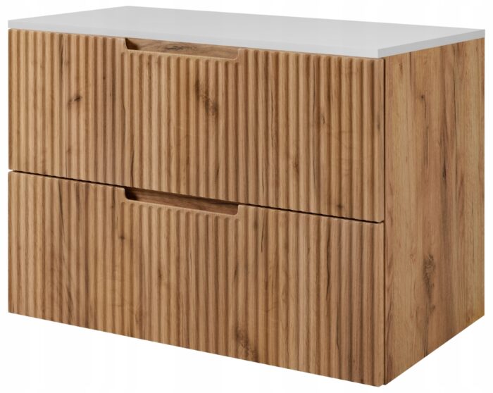 VENA 80 cm dąb craft złoty szafka łazienkowa z białym blatem wisząca ryflowana