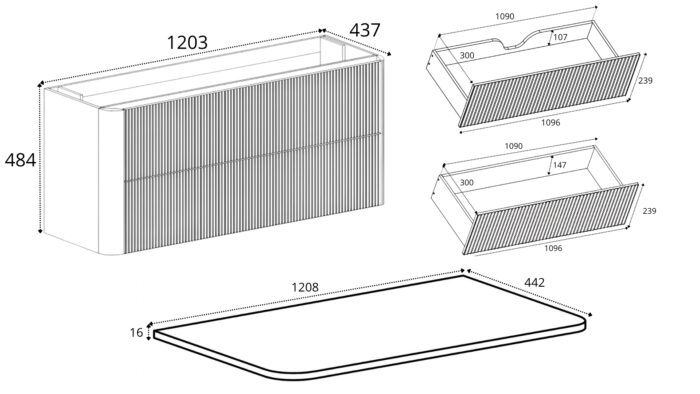 LINEA 120 cm dąb craft złoty szafka łazienkowa z blatem wisząca ryflowana