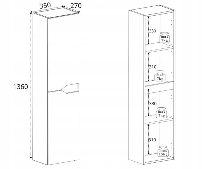 MODERN 136 cm dąb orzech słupek łazienkowy wiszący gładki