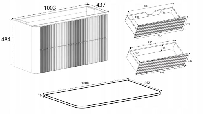 LINEA 100 cm czarna szafka łazienkowa z blatem wisząca ryflowana