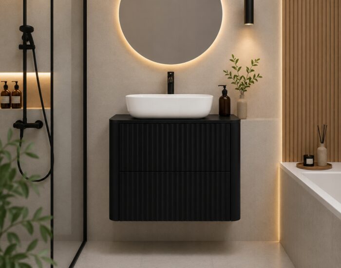 LINEA 60 cm czarna szafka łazienkowa z blatem wisząca ryflowana