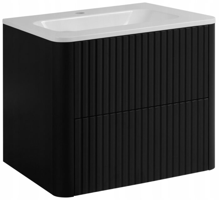 LINEA 60 cm czarna szafka łazienkowa z umywalką z konglomeratu wisząca ryflowana