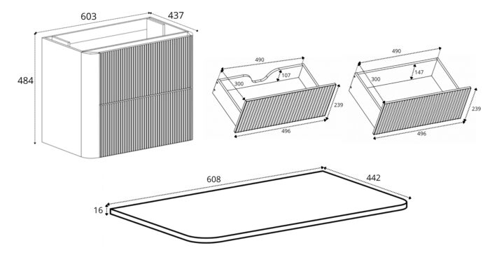 LINEA 60 cm kaszmir szafka łazienkowa z blatem wisząca ryflowana