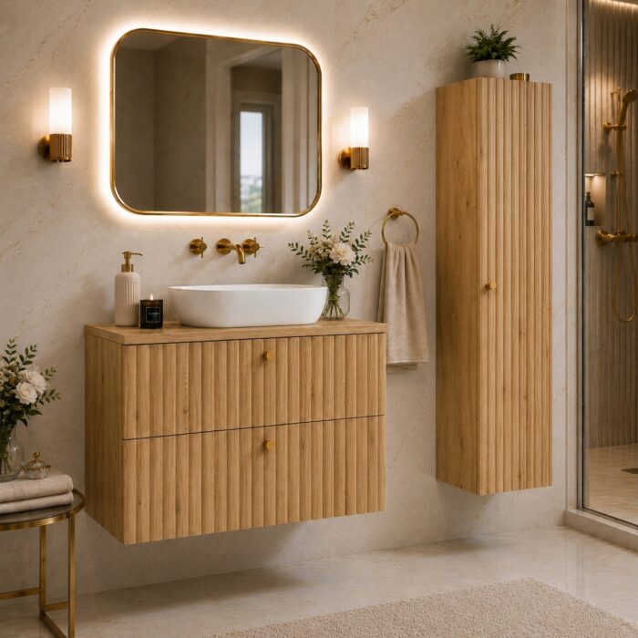 BELLO 136 cm dąb craft złoty słupek łazienkowy wiszący ryflowany