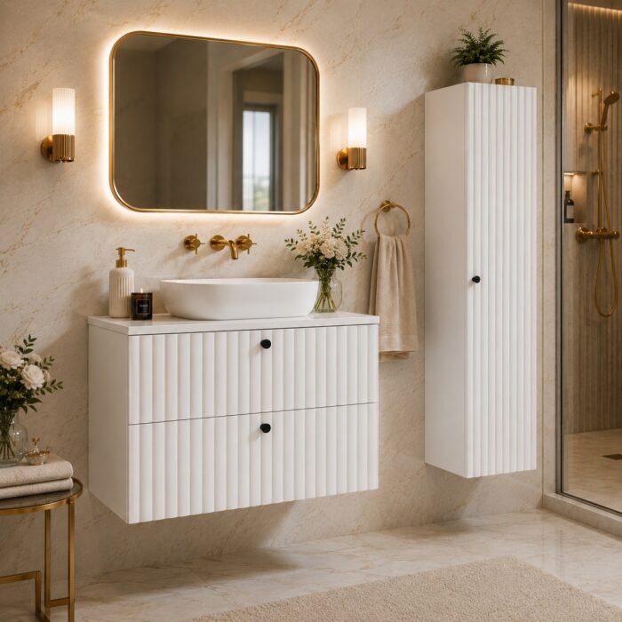 BELLO 136 cm biały słupek łazienkowy wiszący ryflowany
