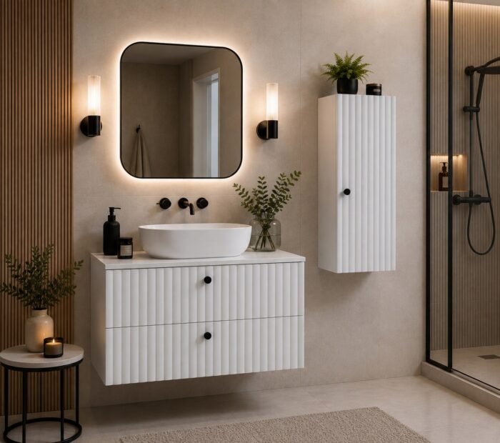 BELLO 68 cm biały półsłupek łazienkowy wiszący ryflowany