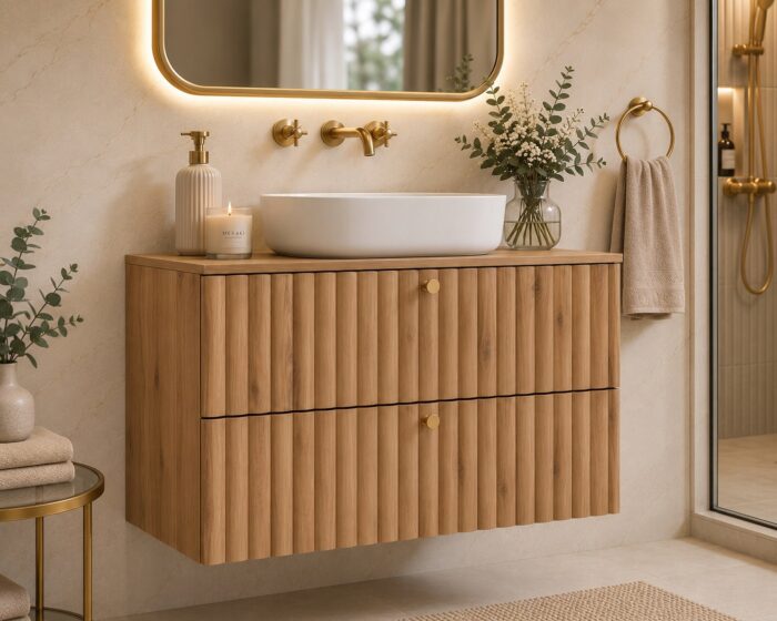 BELLO 80 cm dąb craft złoty szafka łazienkowa wisząca ryflowana
