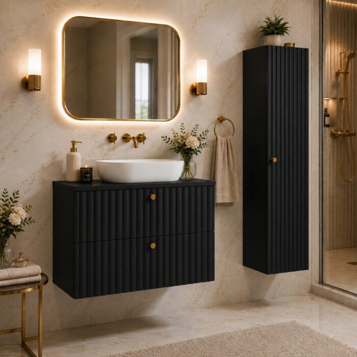 BELLO 68 cm czarny półsłupek łazienkowy wiszący ryflowany