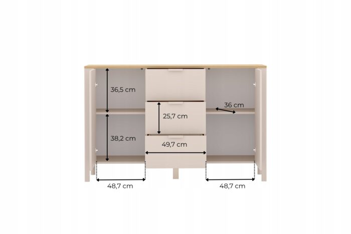 MARBELLA 154 cm kaszmir komoda z blatem Dąb Vincenza 3 szuflady 2 drzwi