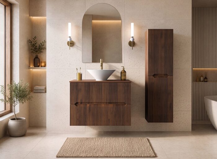 NOVO 40 cm orzech Warmia szafka łazienkowa wisząca ryflowana z półką cichy domyk