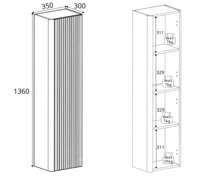 LINEA 35 cm czarny słupek łazienkowy 136 cm wiszący ryflowany Push to Openn