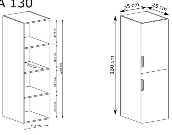 NOVO 130 cm kaszmir słupek łazienkowy wiszący ryflowany 3 półki cichy domyk