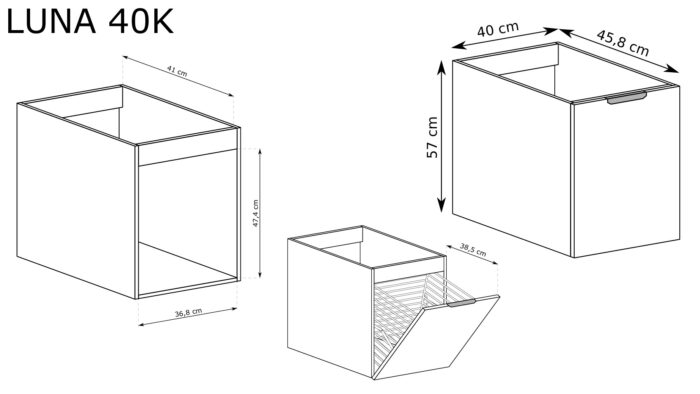 NOVO 40 cm kaszmir szafka łazienkowa wisząca ryflowana z koszem na pranie