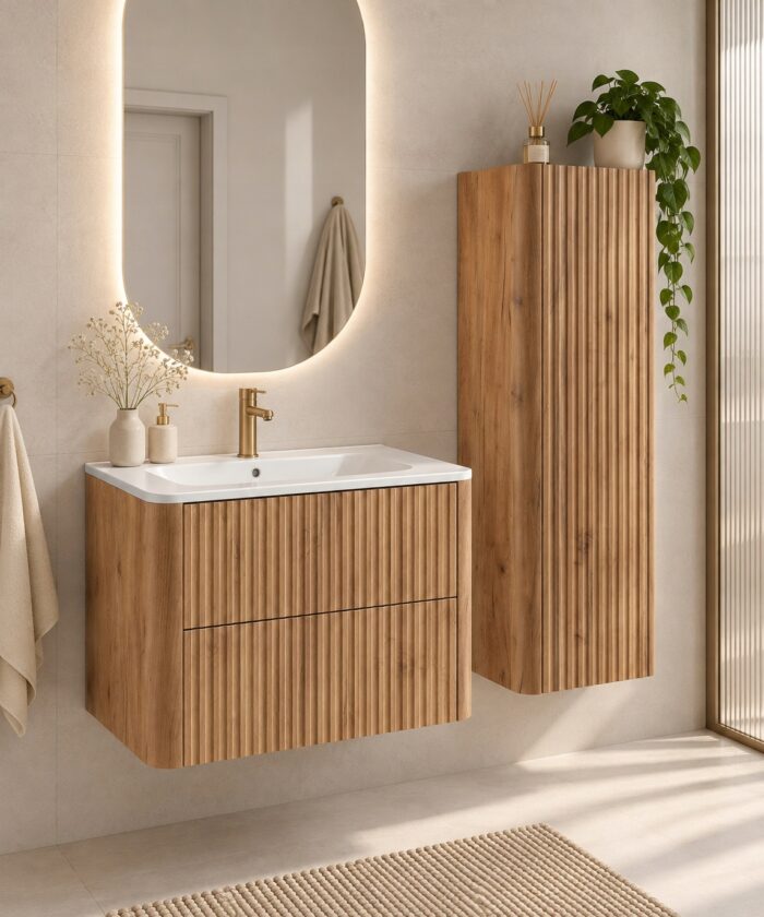 LINEA 35 cm Dąb Craft Złoty słupek łazienkowy 136 cm wiszący ryflowany Push to Open