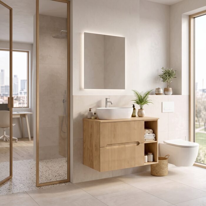 NOVO 80 cm hikora szafka łazienkowa z blatem regałem 2 szuflady ryflowana MDF