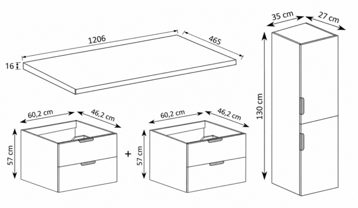 NOVO 120 cm kaszmir szafka łazienkowa z blatem 4 szuflady słupek 130 cm