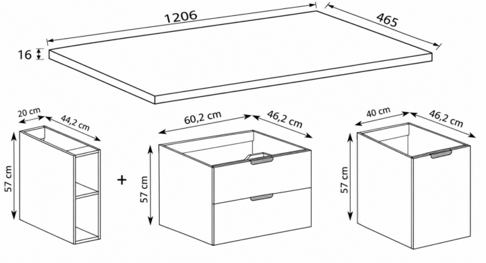 NOVO 120 cm orzech Warmia szafka łazienkowa z blatem 2 szuflady regał 20 cm