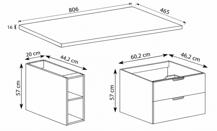 NOVO 80 cm orzech Warmia szafka łazienkowa wisząca z blatem i regałem