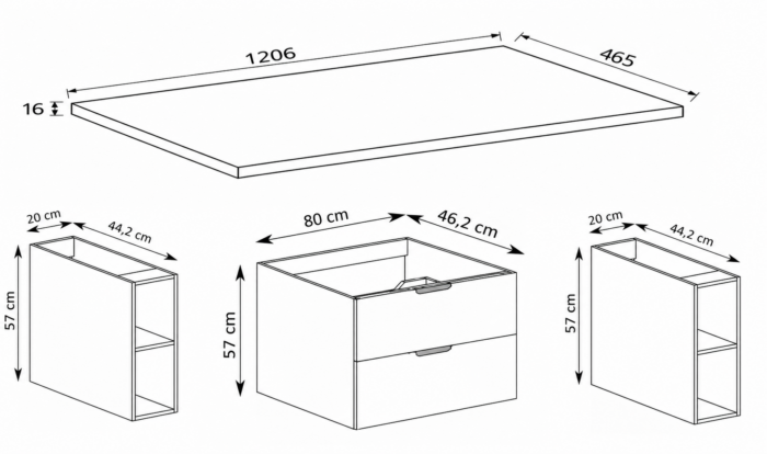 NOVO 120 cm kaszmir szafka łazienkowa z blatem 2 szuflady 2 regały
