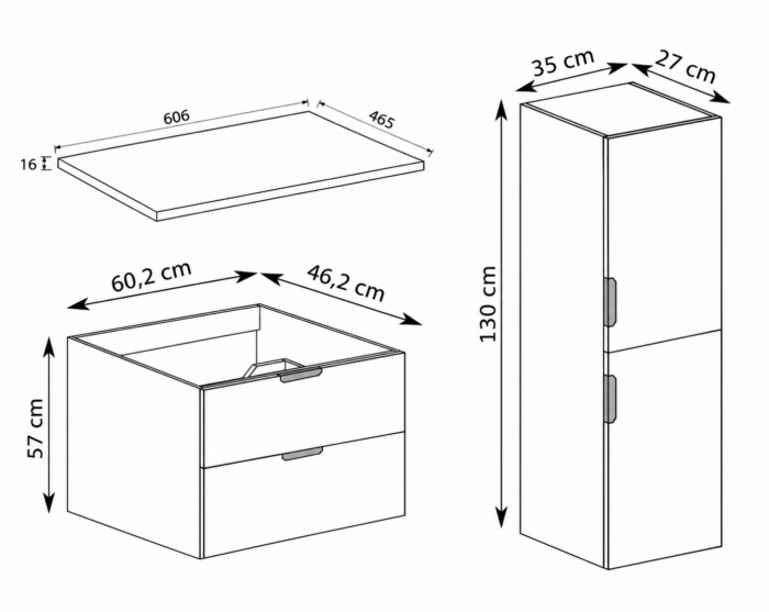 NOVO 60 cm orzech Warmia szafka łazienkowa z blatem 2 szuflady słupek 130 cm