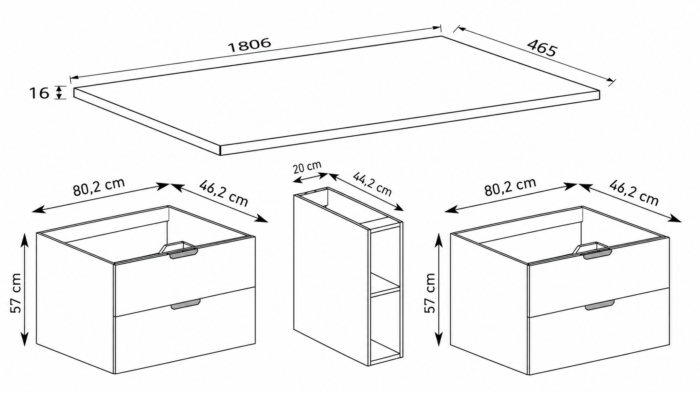 NOVO 180 cm kaszmir szafka łazienkowa wisząca z blatem i regałem 4 szuflady