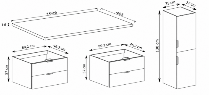 NOVO 160 cm kaszmir szafka łazienkowa wisząca z blatem i słupkiem 130 cm