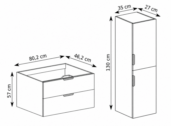 NOVO 80 cm kaszmir szafka łazienkowa 2 szuflady słupek 130 cm wisząca