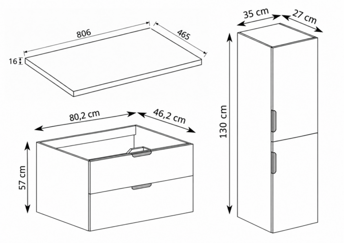NOVO 80 cm kaszmir szafka łazienkowa z blatem 2 szuflady słupek 130 cm