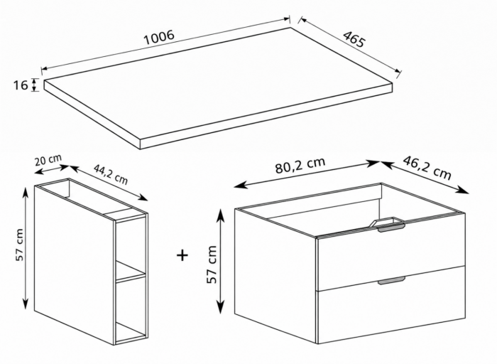 NOVO 100 cm kaszmir szafka łazienkowa z blatem 2 szuflady regał 20 cm